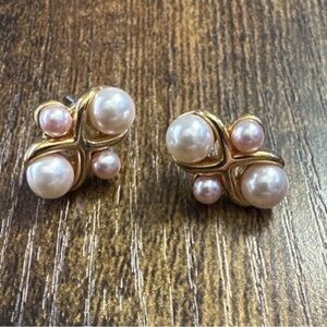 Vintage Monet Gold Tone Faux Pink Pearl Cluster Stud Earrings